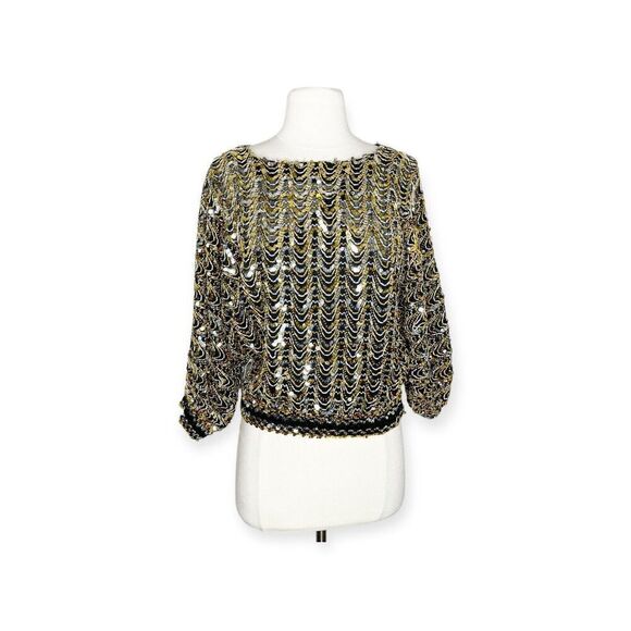 Vintage 80s Three Flaggs XS Sequin Top Black Gold Flashy Dolman Blouse Stretch - Picture 10 of 16